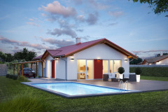 BUNGALOV 1403 (Euroline) - Účelný bungalov s rozlohou 71,8 m2 má dostatok skladovacích a úložných priestorov pre štvorčlennú rodinu. Navhrnutý v energetickej triede A0 už dnes spĺňa sprísnené normy platné od roku 2020. Obývacia izba s kozubom, jedálňou a kuchyňou ponúka dostatok miesta. V časti povaly je úložný priestor, prístupný skladacím schodiskom. (Cena domu na kľúč už od 81 900 eur)