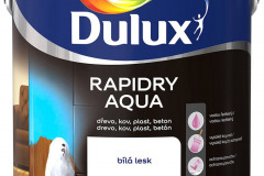DULUX RAPIDRY AQUA na drevené, kovové i plastové povrchy. Ide o univerzálnu vodou riediteľnú farbu vhodnú do interiéru i exteriéru. Vyberať možno z 16 farebných odtieňov (DULUX)