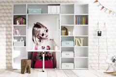 Medzi knižnicu je začlenená výklopná posteľ, ktorá sa po zaklopení premení na pracovný stolík. Akúkoľvek plochu nábytku možno opatriť potlačou s vlastným motívom či snímkou z databázy, Lagrama, cena 4 273,40 eur, www.space4kids.cz