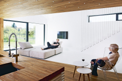 Z medzipodesty sa vstupuje do otvorenej pracovne s diagonálnou kompozíciou, ktorej ústredným bodom je pracovný priestor s krásnym výhľadom. túto dominantu architekti zvýraznili dreveným obložením. Vstavané skrine aj knižnicu so špeciálnou „tŕnistou“ odkladacou stenou mierne skosili, čo budí dynamický dojem