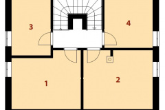 Poschodie: 1 - detská izba, 2 - spálňa, 3 - detská izba, 4 - šatňa