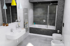 Táto kúpeľňa ponúka ideálne členenie na bezproblémovú prevádzku a relaxáciu, matné vyhotovenie obkladu navodí príjemný pocit tepla, obklad zo série varana (SAPHO)