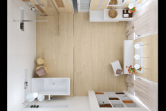 Kúpeľňa je síce veľká, pôvodné usporiadanie však nebolo praktické ani estetické a kvôli množstvu nábytku pôsobila preplneným dojmom. Kvôli oknám a dverám, ktoré neumožnili dostatočne využiť miesto pri stenách,  zvolili vaňu v rohu, na sprchovanie slúži sprchovací kút typu walk-in. Zrušením jedných dverí sa uvoľnilo miesto pre nástennú policovú zostavu. riešenie navrhla interiérová dizajnérka Soňa němečková z oddelenia dizajnu Siko Kúpeľne & Kuchyne