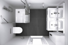 Optimálne úsporné riešenie obdĺžnikovej kúpeľne s rozmermi cca 160 × 210 cm. Kúpeľňová séria Chrome ponúka kompletný a variabilný sortiment vybavenia od umývadiel cez WC misy až po nábytok a doplnky v jednotnom dizajne, www.ravak.sk
