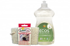 Prírodná hubka na riad, cena 1,77 €; gél na riad Dishmate s vôňou hrušky či levandule, cena 3,50 €/750 ml