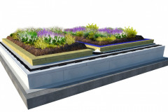 Skladba strechy s polointenzívnou vegetáciou. Hrúbka vegetačnej vrstvy pre zakoreňovanie sa pohybuje medzi 200-300 mm. Dosky Isover Flora tvoria asi polovicu tejto výšky