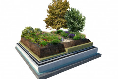 Strešná záhrada. Hrúbka vegetačnej vrstvy začína na 300 mm (výnimkou nie je hrúbka 500 až 1 000 mm), substrát možno čiastočne nahradiť hydrofilnou vlnou